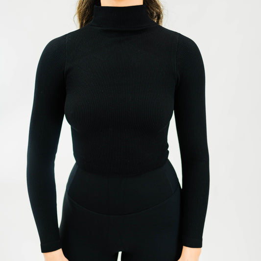 Women's Ribbed Mock-Neck L/S Top (Black)