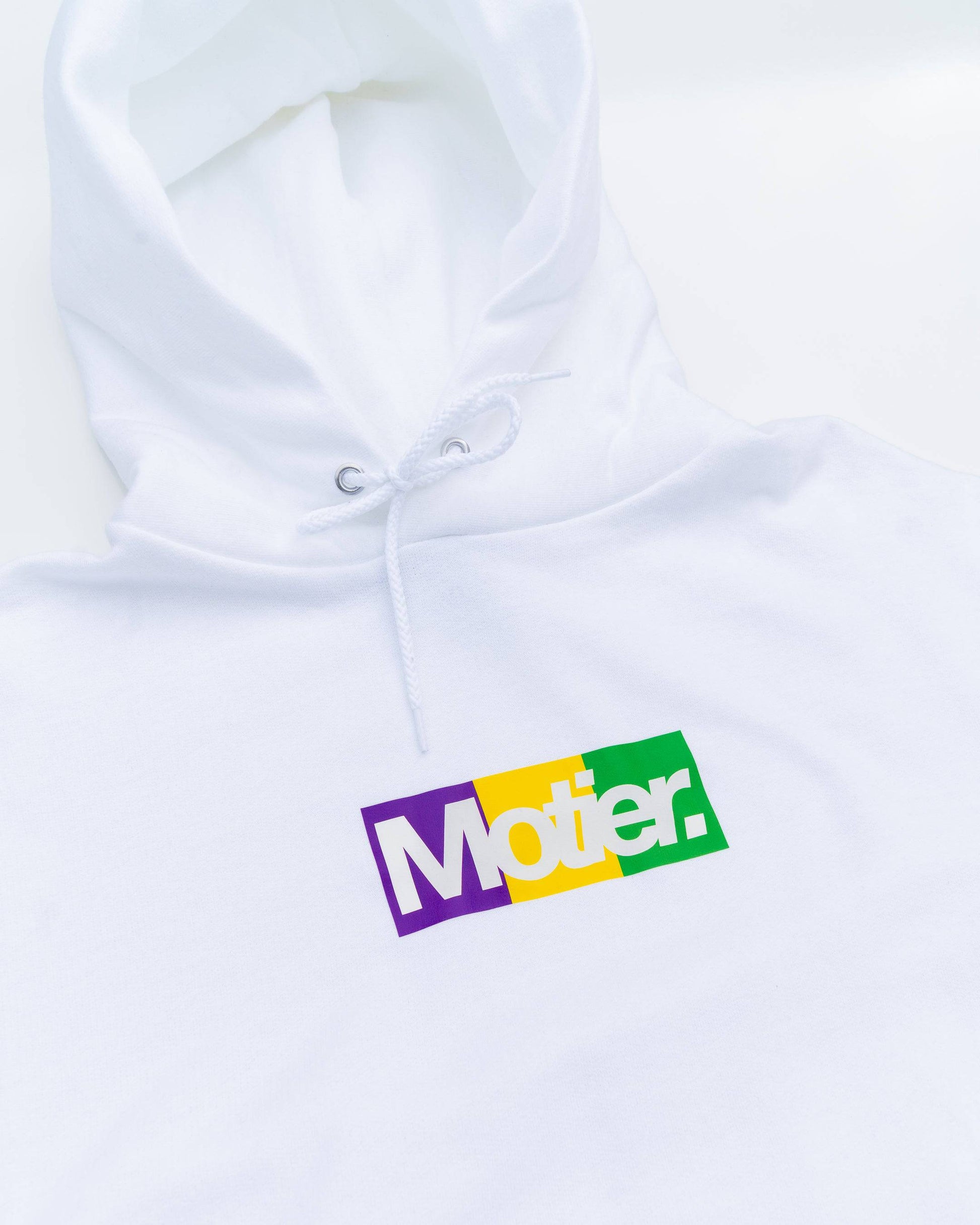 The Krewe De Motier Box Logo Hoodie (White) - Motier Lafayette 