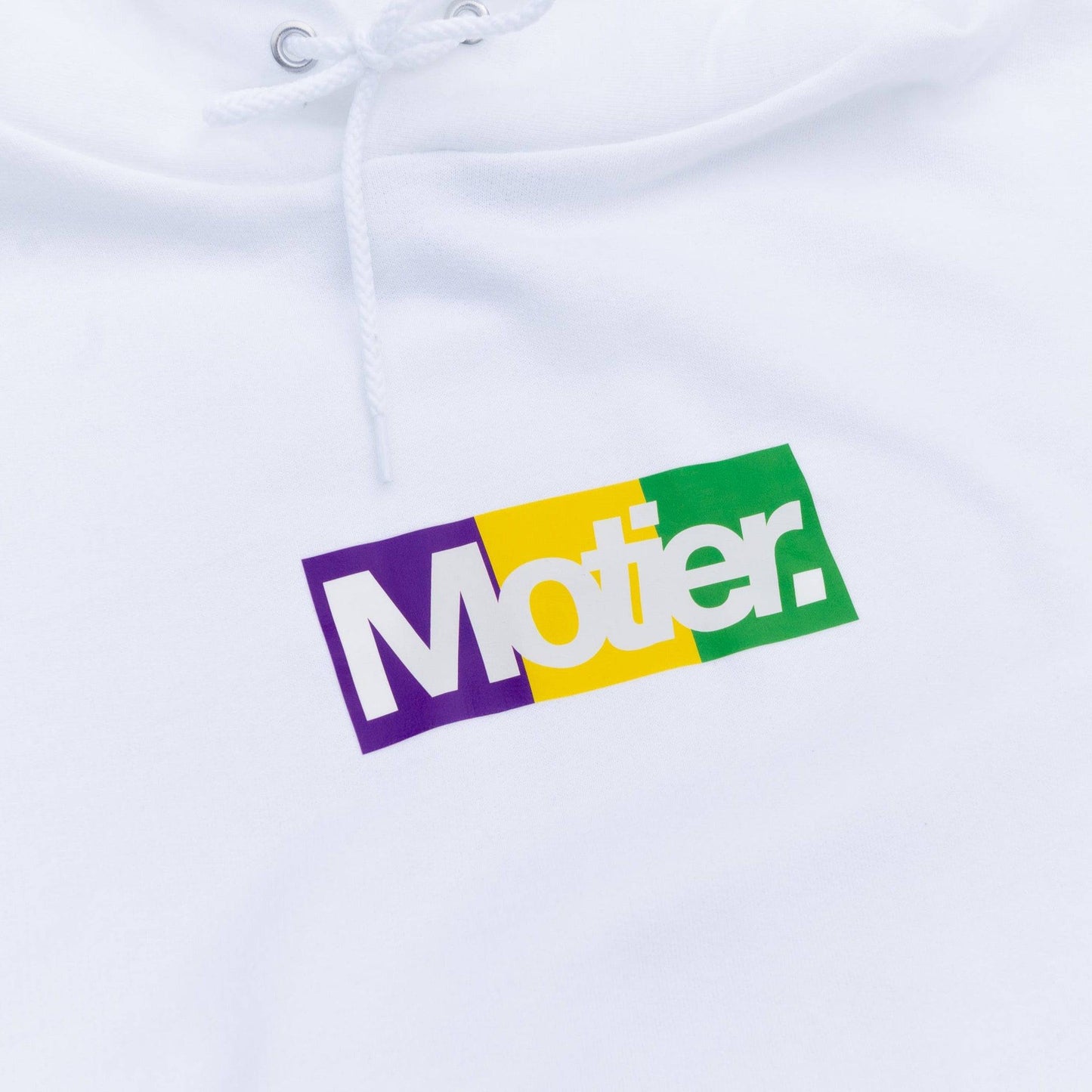 The Krewe De Motier Box Logo Hoodie (White) - Motier Lafayette 