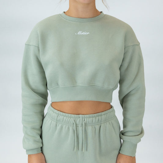 The Elevate Script Cropped Crewneck (Light Sage)