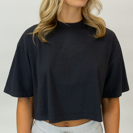 The Pin Script Oversized Luxe Crop (Asphalt)