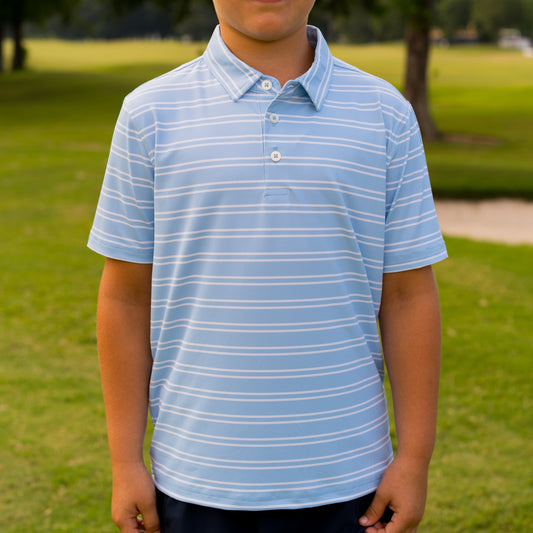 The Motier Striped Youth Tour Golf Polo (Blue Hydrangea)