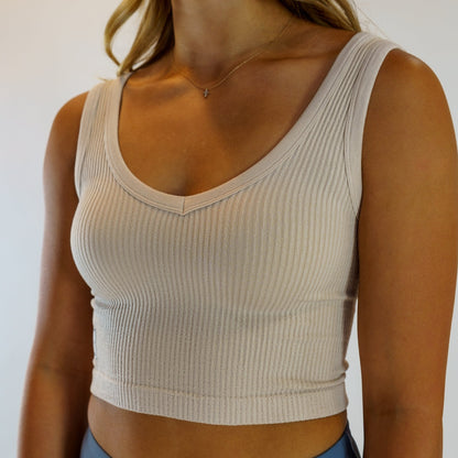 Solid Rib White Cropped Tank Top